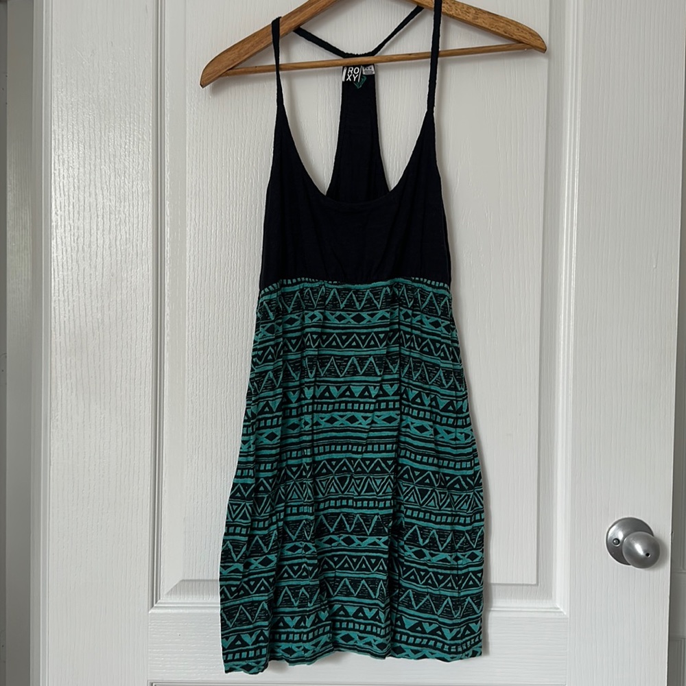 Roxy geometric racer back sundress, navy and teal, size medium